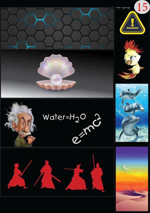 Набор 15 Это изображение: Текстура, Warning, Птенец, Жемчужина, Дельфины, Самураи, Пейзаж, Эйнштейн, Water=H2O, e=mc2 