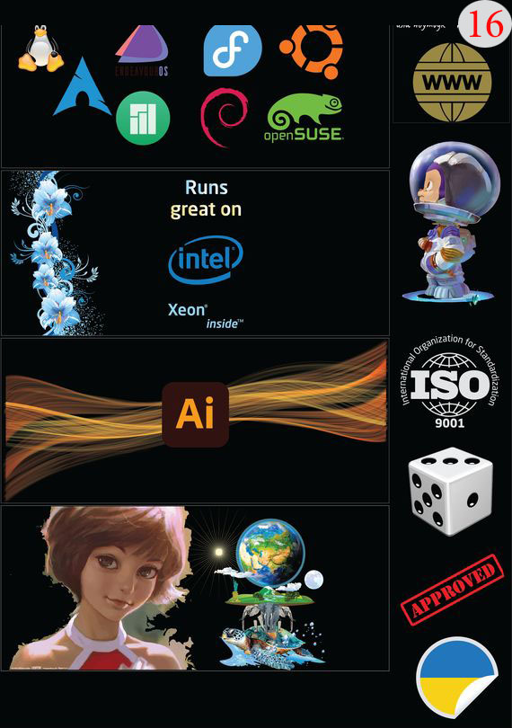 Набор 16 Это изображение: Linux, WWW, Monkey, Мартышка Космонавт, ISO 9001, AI, Кубик, Алиса, Три слона и черепаха, Approved, Стикер Флаг Украина 
