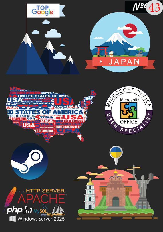 Набор 43 Это изображение: Top Google, Japan, Карта Америка, Microsoft office, Steam, Apache server, Ukraine 