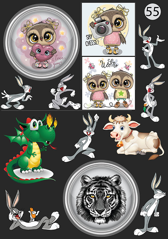 Набор 55 Это изображение: Стикеры Совята, Кролик Роджер, Дракоша, Коровка, Тигр 