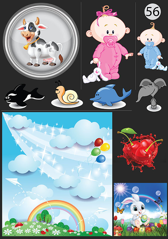Набор 56 Это изображение: Стикеры Коровка, Детки, Вишня, Радужный пейзаж, кролик 