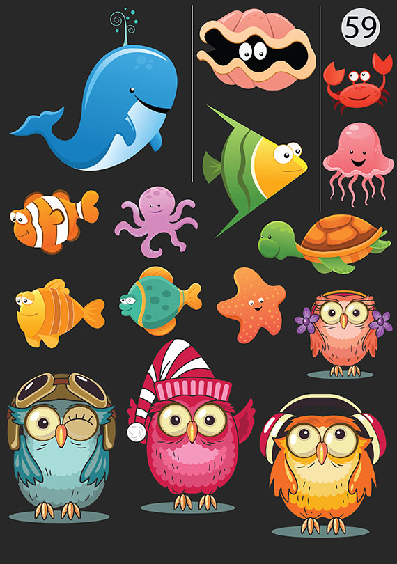 Набор 59 Это изображение: Рыбки, краб, медуза, Совы, морская звезда, Осьминог, Черепаха 