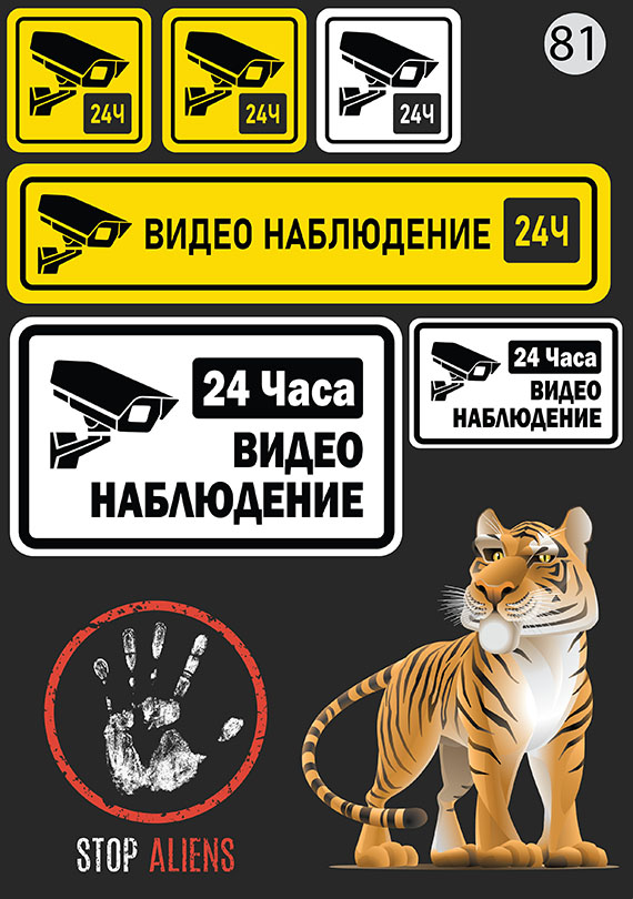 Набор 81 Это изображение: Видеонаблюдение 24 часа, Стоп Aliens, Мультяшный Тигр 